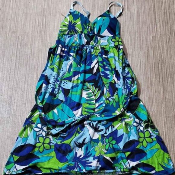 Gorgeous Blue and Green Floral Patter Sundress, Adjustable Straps - Picture 1 of 6